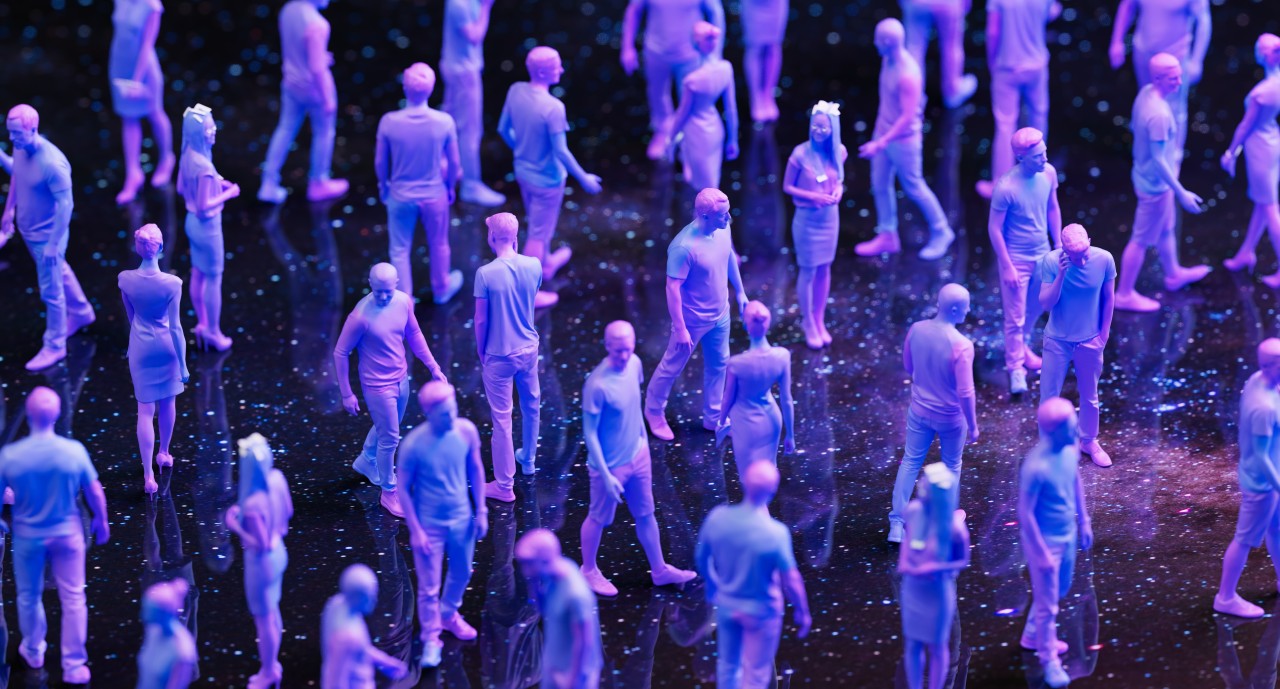 crowd of people walking in a digital environment