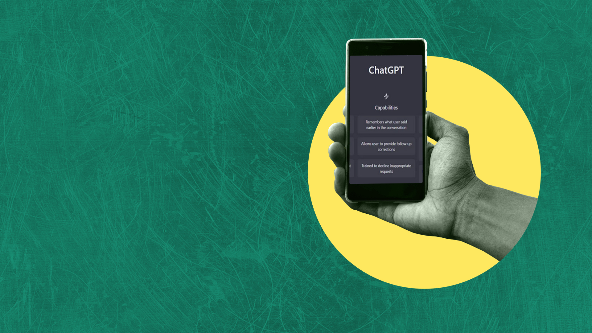 Hand holding a smartphone with ChatGPT homepage over a green background
